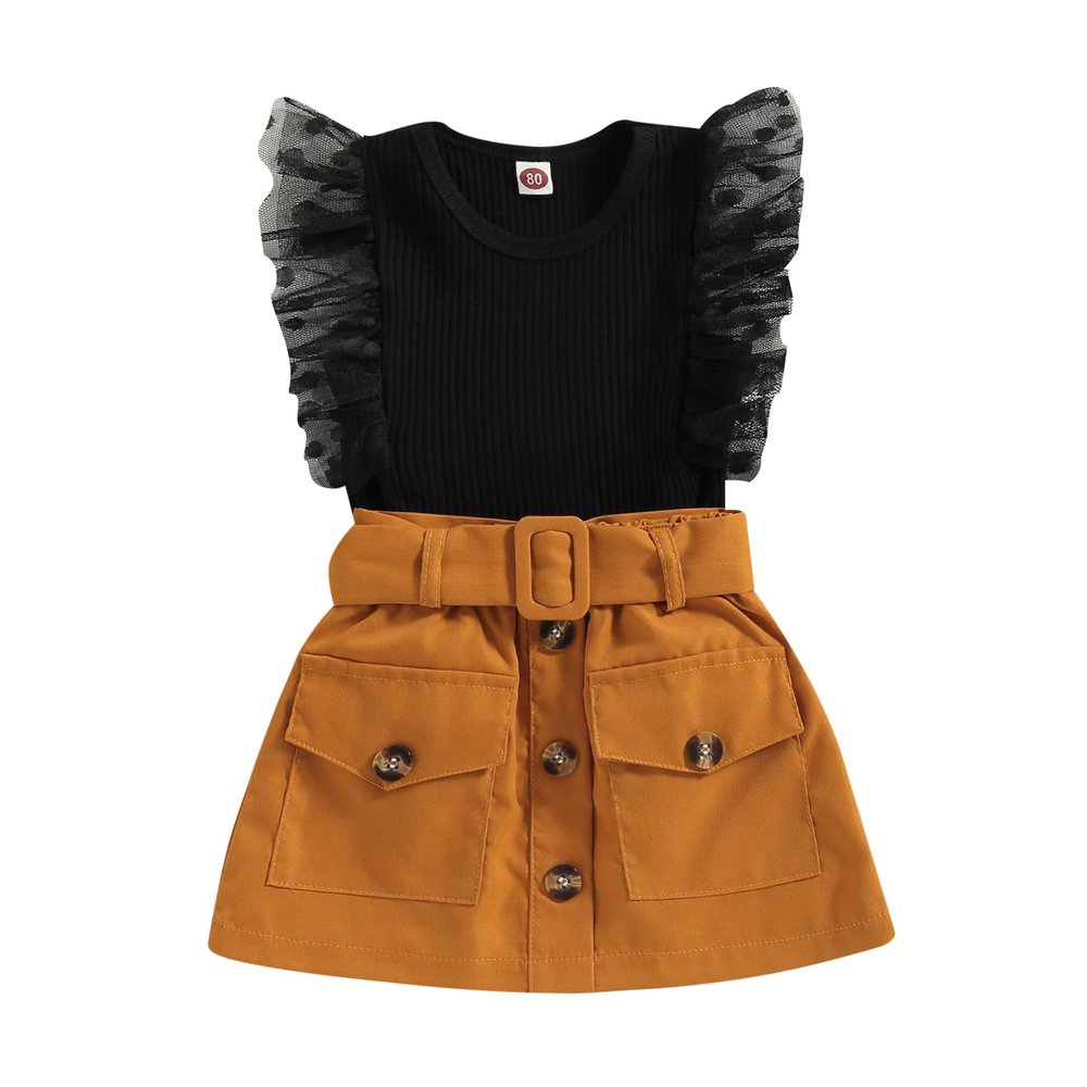 TheFound Newborn Baby Girls Clothes Sets Mesh Ruffles Sleeveless Ribbed Tanks Tops+Belt Button Mini Skirts Casual Outfits