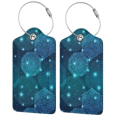2Pcs Glowing Mandala Themed Luggage Tags for Suitcases, Beautiful Art Teal Blue Name ID Identifier Labels for Baggage Travel Bag, Shine Aesthetic Leather Bag Tags with Full Privacy Cover