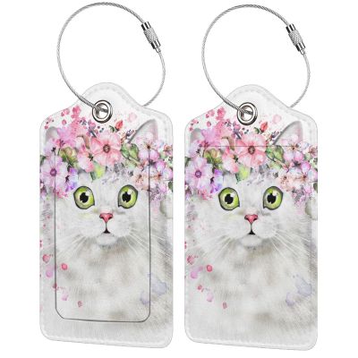 2 Pcs Cute White Cat with Pink Flowers Pattern Leather Luggage Tags, Funny Animal-Themed Suitcase Labels Bag Tag Name ID Labels with Privacy Cover for Teen Kids Adults