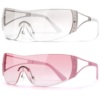 DQbhzh Y2K Sunglasses for Women Men Trendy Wrap Around Rimless Oversized Futuristic 2000S Rave Sun Glasses Cool Shield Flat Top Frame with Bling Star Rhineston Shades 2 Pack Clear Transparent,Pink
