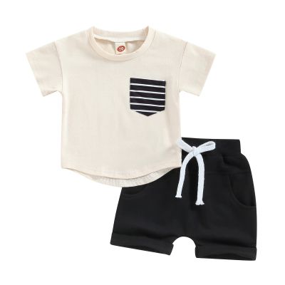 Karesoull Summer Toddler Baby Boy Clothes Set Casual Outfits Short Sleeve Pocket Tops Cotton Shorts 2PCS