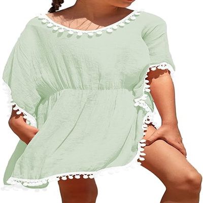 Eurivicy Girl's Swim Cover Up Kids Summer Swimwear Beach Dress Swimsuit Wraps with Pom Pom Trim