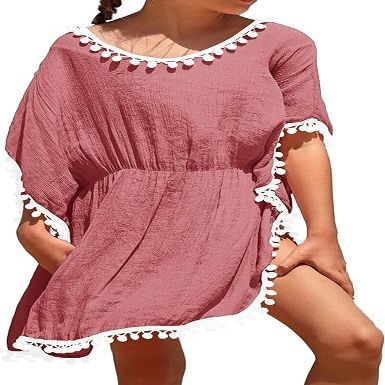 Eurivicy Girl's Swim Cover Up Kids Summer Swimwear Beach Dress Swimsuit Wraps with Pom Pom Trim