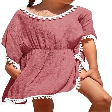 Eurivicy Girl's Swim Cover Up Kids Summer Swimwear Beach Dress Swimsuit Wraps with Pom Pom Trim
