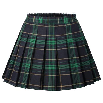 Auranso Girls Pleated Skirt Kids Tennis Elastic Waist Uniform Plaid Skirt Green 10-12Y