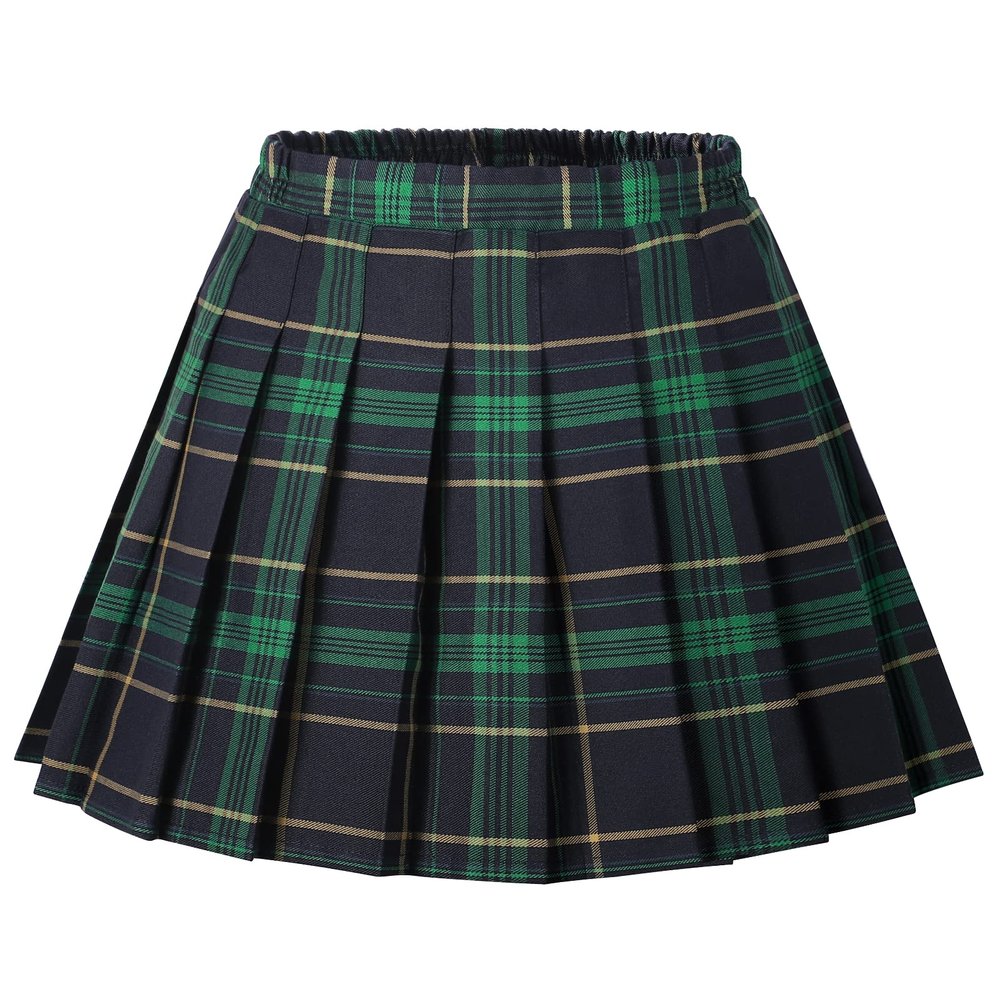 Auranso Girls Pleated Skirt Kids Tennis Elastic Waist Uniform Plaid Skirt Green 10-12Y