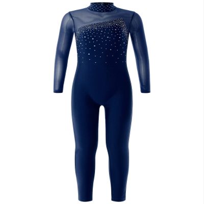 CHICTRY Ice Skating Jumpsuit Rhinestone Mock Neck Competition Figure Skating Dance Costume for Girls Navy Blue 14 Years