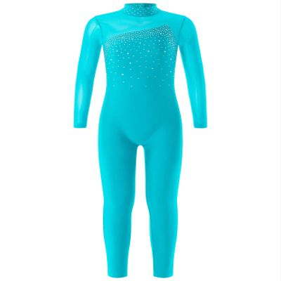 CHICTRY Ice Skating Jumpsuit Rhinestone Mock Neck Competition Figure Skating Dance Costume for Girls Lake Blue 10 Years