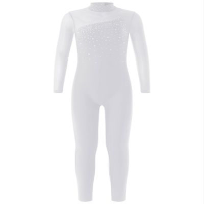 CHICTRY Ice Skating Jumpsuit Rhinestone Mock Neck Competition Figure Skating Dance Costume for Girls White 14 Years