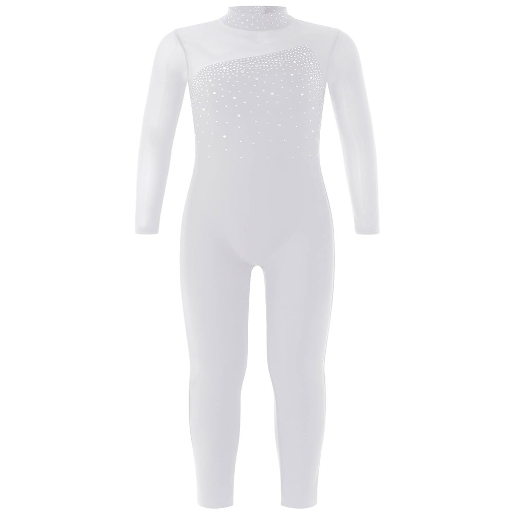 CHICTRY Ice Skating Jumpsuit Rhinestone Mock Neck Competition Figure Skating Dance Costume for Girls White 14 Years