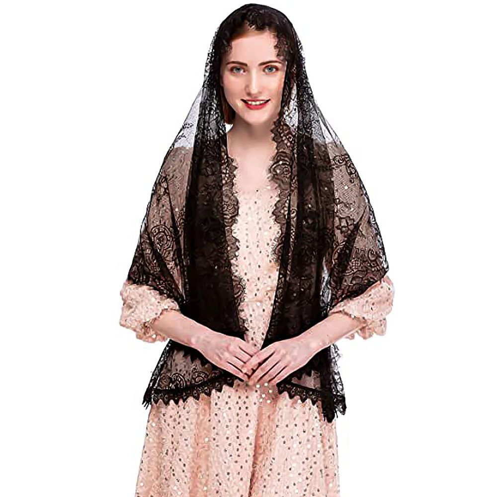 MioCloth Women Mantilla Veil Head Cover Traditional Embroidery Chapel Mantilla Lace Head Covering Wrap Shawl Scarf
