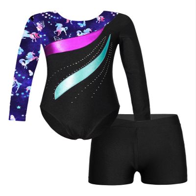 winying Kids Girls Gymnastic Leotard Dance Outfits Long Sleeve Pattern Printed Bodysuit with Shorts Sets Activewear Navy Blue 6 Years