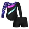 winying Kids Girls Gymnastic Leotard Dance Outfits Long Sleeve Pattern Printed Bodysuit with Shorts Sets Activewear Navy Blue 6 Years view 1