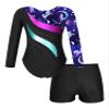 winying Kids Girls Gymnastic Leotard Dance Outfits Long Sleeve Pattern Printed Bodysuit with Shorts Sets Activewear Navy Blue 6 Years view 2