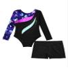 winying Kids Girls Gymnastic Leotard Dance Outfits Long Sleeve Pattern Printed Bodysuit with Shorts Sets Activewear Navy Blue 6 Years view 3