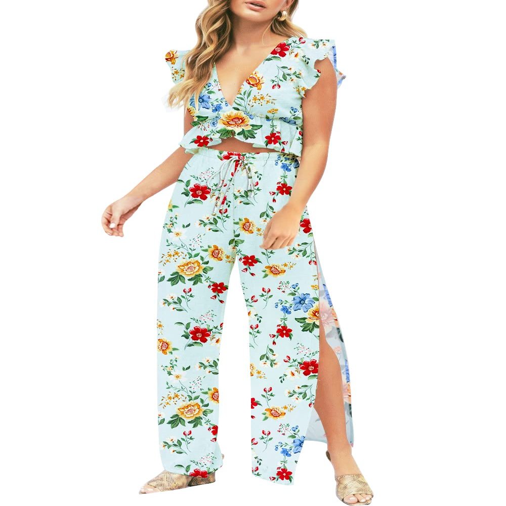 FANCYINN 2 Pieces Summer Outfits for Women Deep V Neck Crop Top Side Slit Drawstring Wide Leg Pants Sets Jumpsuits Orange & White Green Flowers XL