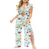 FANCYINN 2 Pieces Summer Outfits for Women Deep V Neck Crop Top Side Slit Drawstring Wide Leg Pants Sets Jumpsuits Orange & White Green Flowers XL view 1