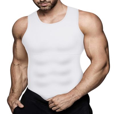 Mens Compression Shirt Workout Tank Tops Slimming Body Shaper Vest Abs Abdomen Undershirts (White, Medium)