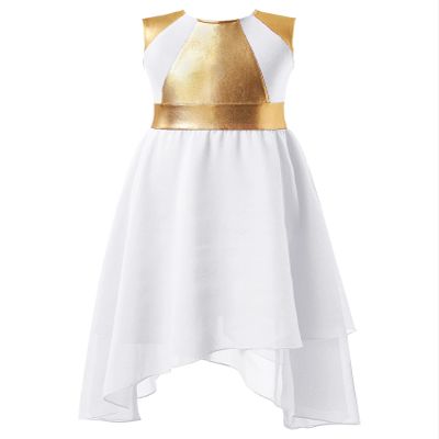 CHICTRY Girls Liturgical Worship Praise Dance Dress Gold Color Block Irregular Hem Lyrical Dance Performance Costume White 10 Years
