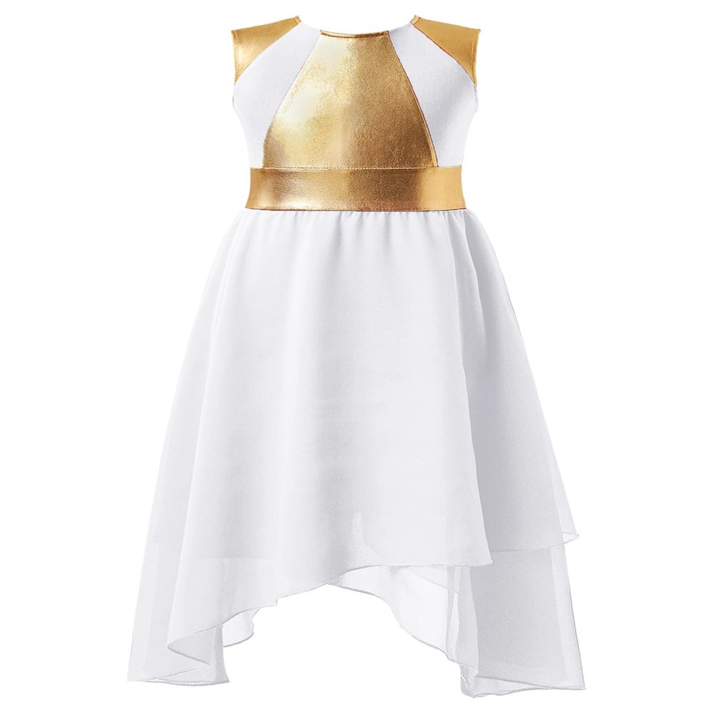 CHICTRY Girls Liturgical Worship Praise Dance Dress Gold Color Block Irregular Hem Lyrical Dance Performance Costume White 10 Years