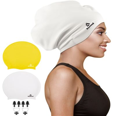 2 Pack Extra Large Swim Cap for Braids and Dreadlocks, Silicone Swimming Caps for Long Hair, Weaves, Extensions, Curls & Afros, Waterproof Adult Swim Hats Bathing Caps for Women Men(Yellow+White)