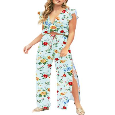 FANCYINN 2 Pieces Summer Outfits for Women Deep V Neck Crop Top Side Slit Drawstring Wide Leg Pants Sets Jumpsuits Orange & White Green Flowers XS