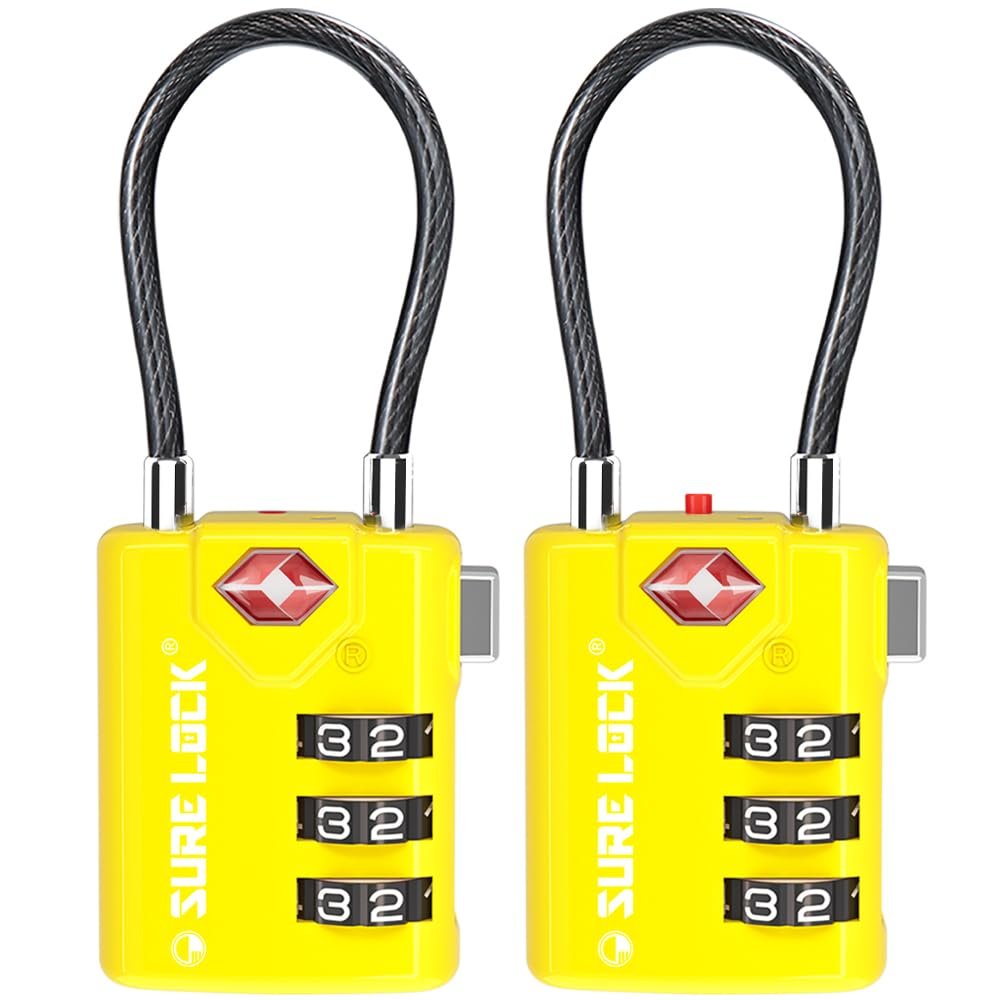 SURE LOCK TSA Approved Combination Luggage Locks with Open Alert Indicator  Durable Zinc Alloy Cable Travel Locks with Large Easy-Read Dials for Suitcases, Backpacks & Gym Bags(2, Yellow)