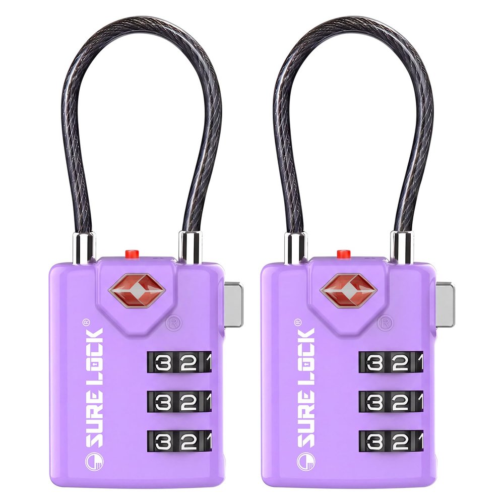 SURE LOCK TSA Approved Luggage Locks with Open Alert Indicator, 3 Digit Combination Cable Travel Lock for Suitcase, Backpack, Gym Locker, Toolbox & Travel Bag(2, Purple 2 Pack)