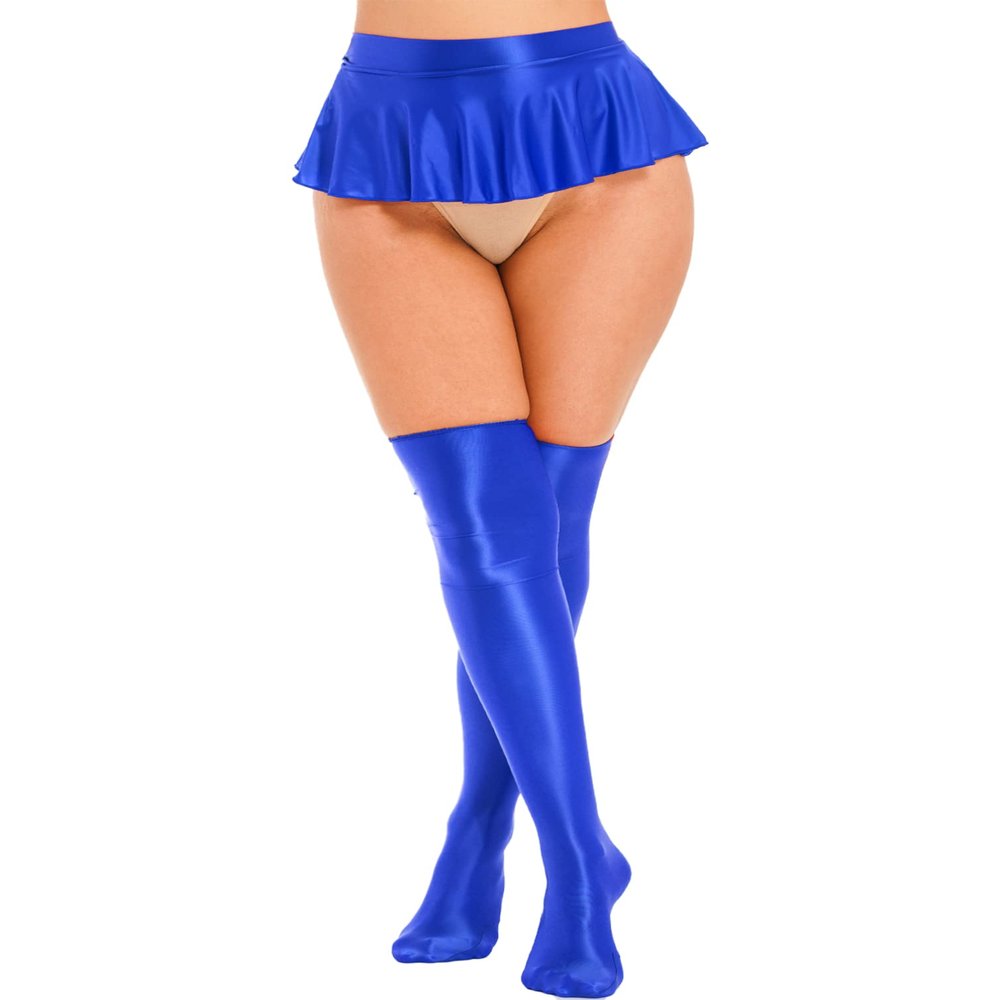 Linjinx Women's Oil Shiny Glossy Ruffled A-line Mini Skirt Elastic Overknee Stockings Set Teddy Blue Large