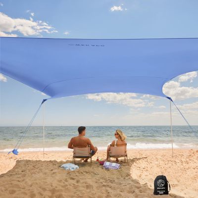 WEKAPO Beach Tent Sun Shelter - Easy Setup Beach Canopy with 4 Sturdy Poles, Large Sandbags and Shovel, 7'1'' Tall, Windproof Sun Shade for Backyard and Camping, UPF 50+ Protection