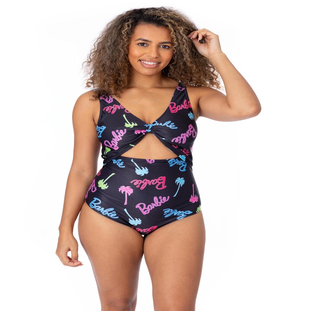 Barbie Womens Swimsuit | Ladies Black All in One Swimming Costume | Front Knot with Two Straps Cossie Palm Tree Swimwear