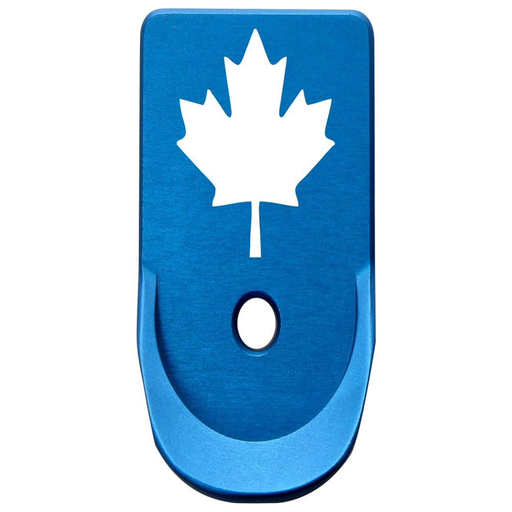 NDZ Performance Magazine Base Plate Finger Extension for Glock Gen 1-5 9MM .40 .357 SIG Laser Engraved Anodized Aluminum in Blue - Canadian Maple Leaf
