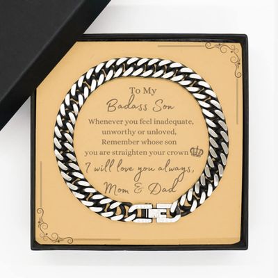 to Our Badass Son Cuban Link Bracelet from Mom & Dad, Son Birthday Gifts for Son Sarcastic, Motivational, Son Message Card Mother's Day Father's Day Graduation Gifts