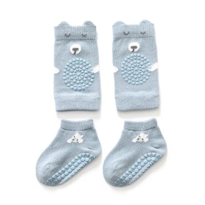VBESTLIFE Baby Knee Pads Socks Set, Soft Cotton Crawling Knee Foot Protectors with Nonslip Points for Baby Boys Girls Crawling Learn to Walk Blue (M 1-2 Years Old)