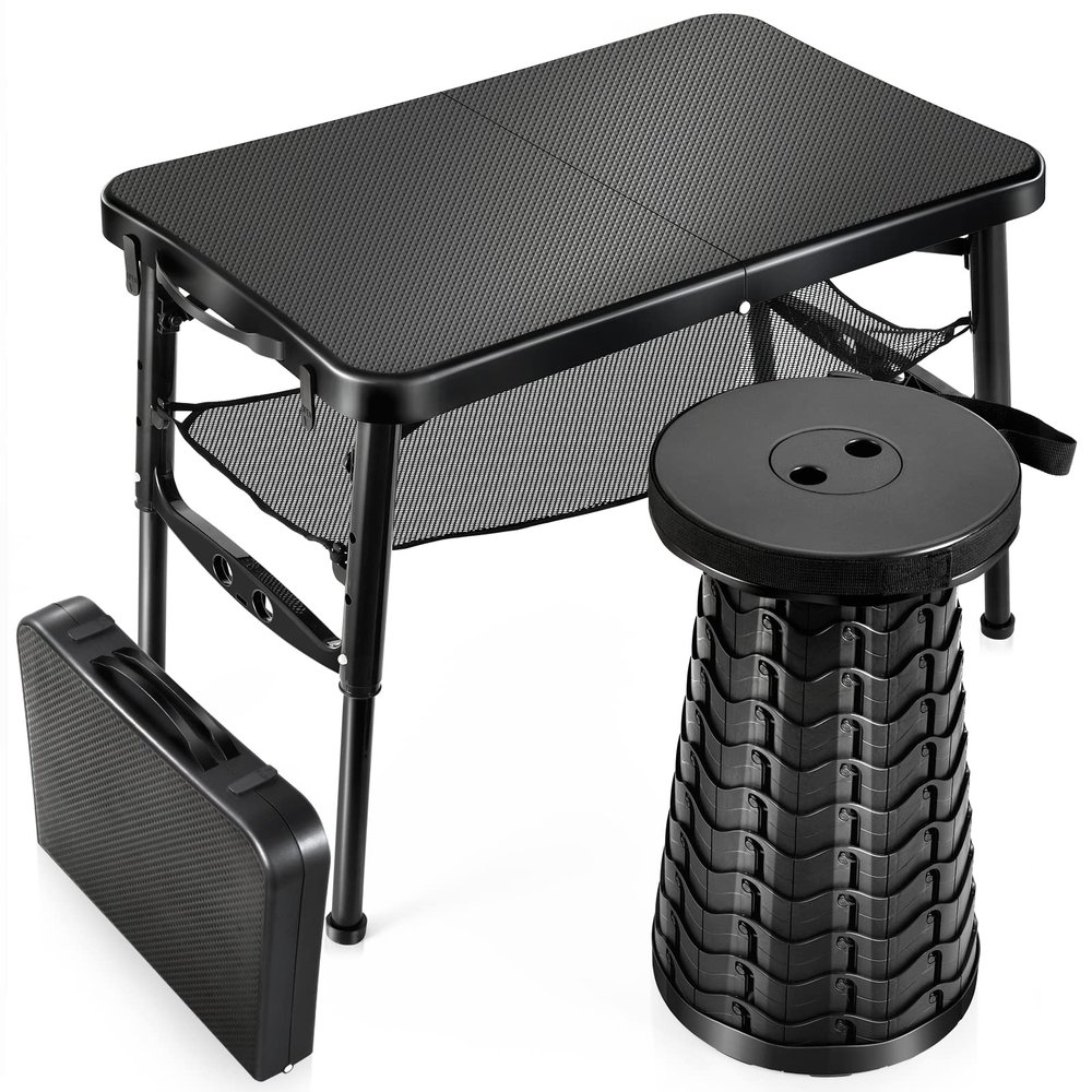 KPR Retractable Small Folding Table and Stool Set, Portable Camping Foldable Table Lightweight Yet More Sturdy with Adjustable Stool for Outdoor Picnic, Beach, Camp, Also Ideal as Laptop Bed Desk