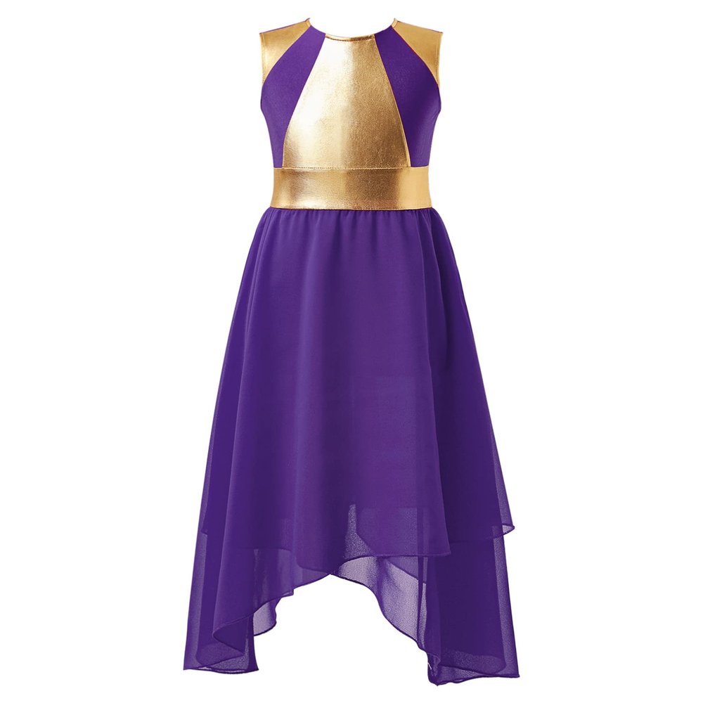 Agoky Girls Metallic Praise Dance Dress Long Sleeve Liturgical Worship Full Length Church Robe Lyrical Dancewear Costume Purple B 16 Years