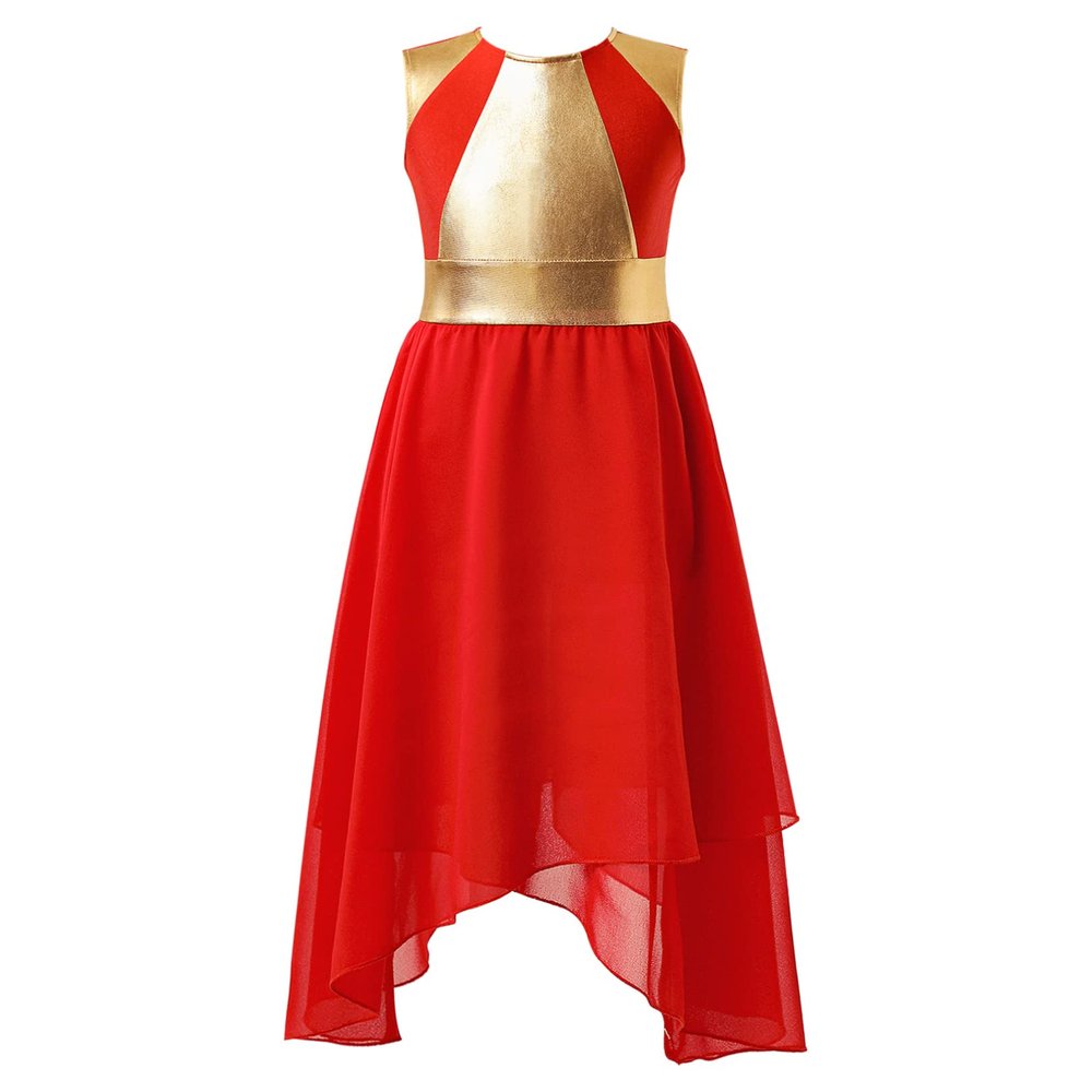 Agoky Girls Metallic Praise Dance Dress Long Sleeve Liturgical Worship Full Length Church Robe Lyrical Dancewear Costume Red B 10 Years