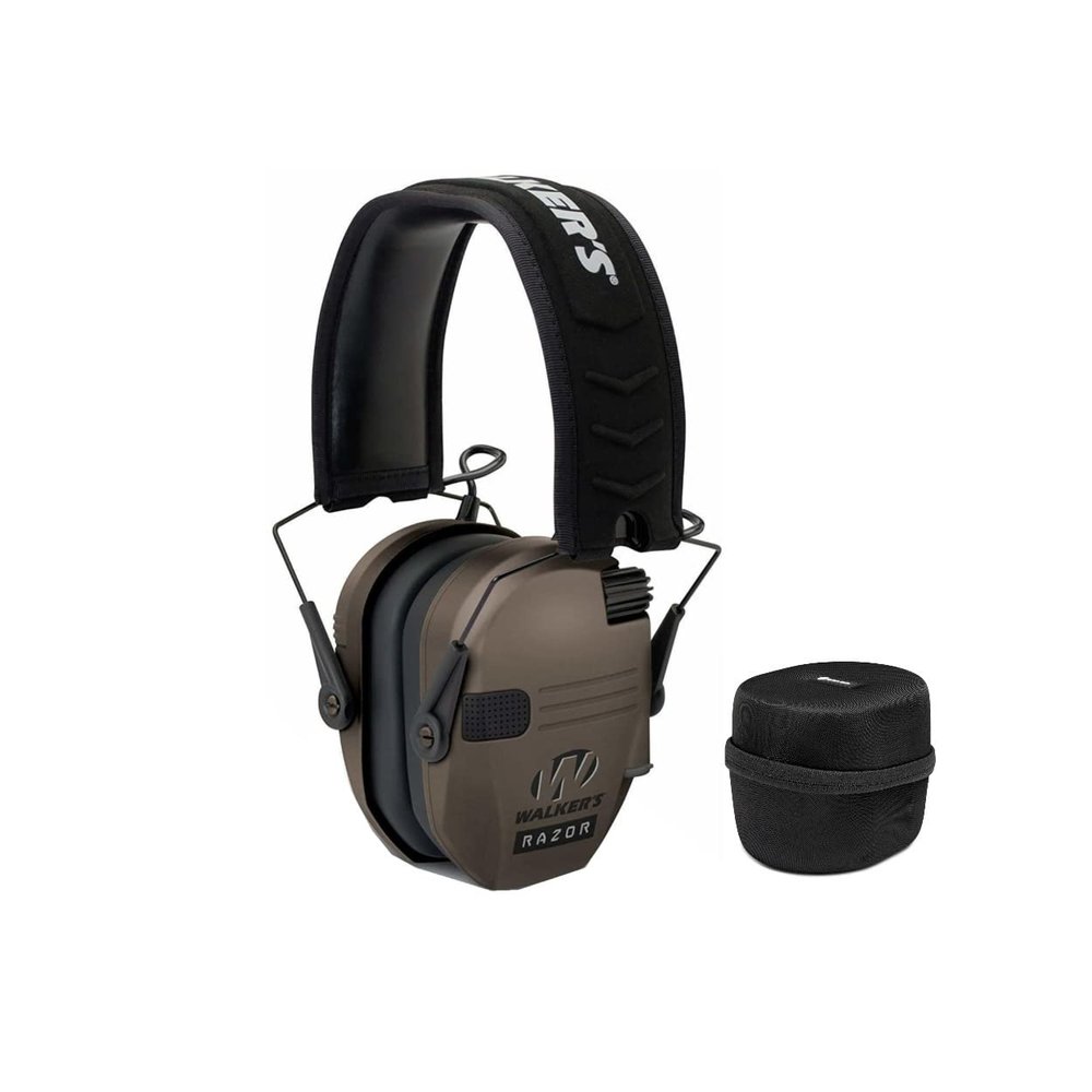 Walker's Game Ear Razor Slim Lightweight Shooting Hunting Range Hearing Protection Muffs (Earth) Bundle with Protection Case (2 Items)
