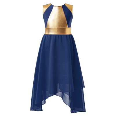 Agoky Girls Metallic Praise Dance Dress Long Sleeve Liturgical Worship Full Length Church Robe Lyrical Dancewear Costume Navy Blue B 8 Years