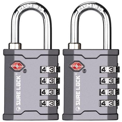 SURE LOCK TSA Accepted 4 Dig Heavy Duty Big Combination Luggage Padlock All Metal Travel Lock for Equipment Hard Case Luggage Gun Case Gym Locker Pelican Vault Lock (2, Grey)