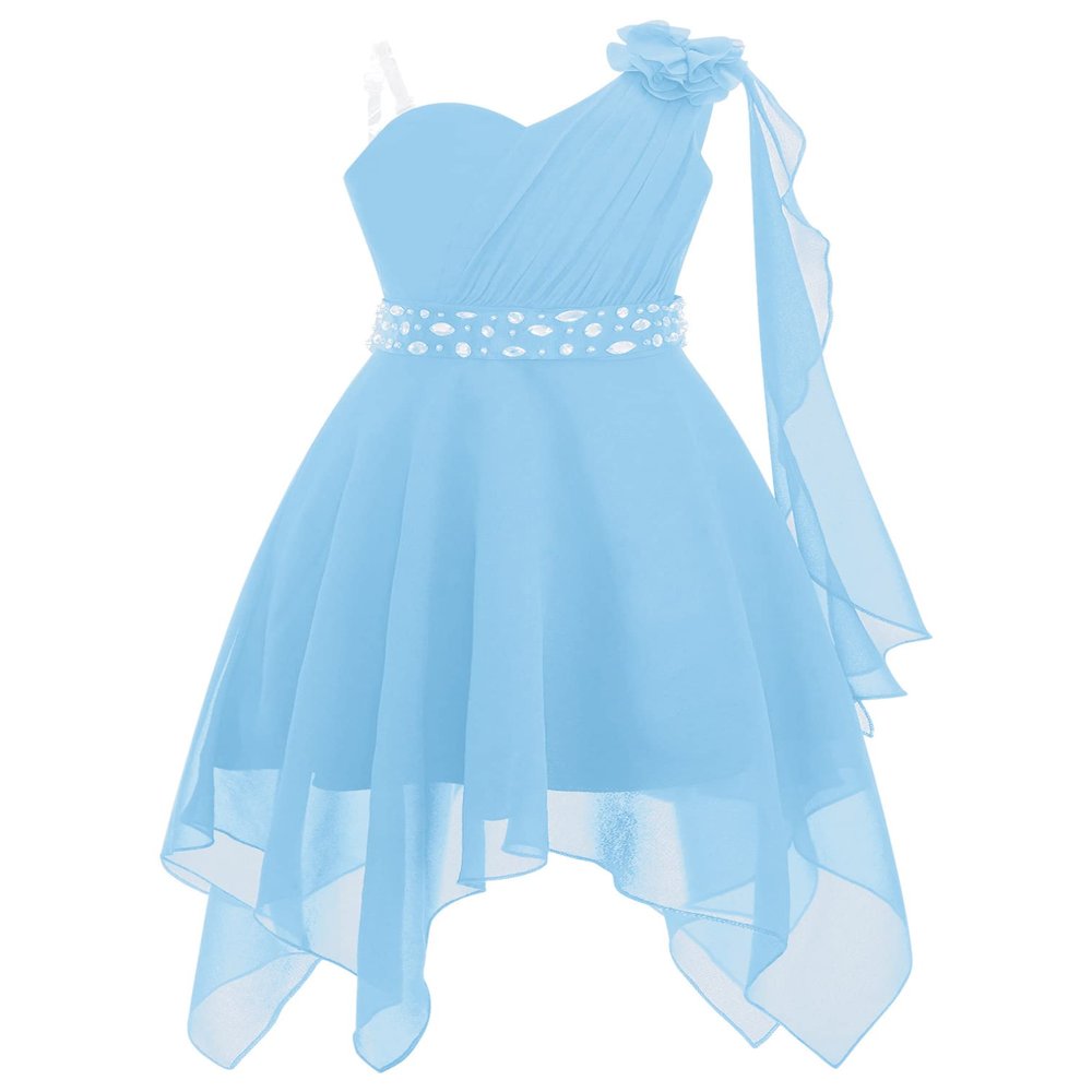 ranrann Kids Girl's One Shoulder Junior Bridesmaid Dresses Ruffles Chiffon Flower Girl Dress for Wedding Pageant Party Light Blue 14 Years
