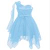 ranrann Kids Girl's One Shoulder Junior Bridesmaid Dresses Ruffles Chiffon Flower Girl Dress for Wedding Pageant Party Light Blue 14 Years view 2