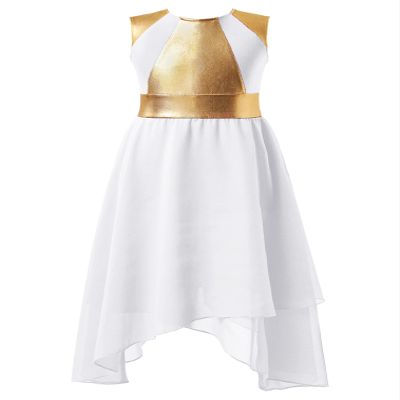 JEATHA Kids Girls Sleeveless Asymmetrical Color Block Tank Dress Lyrical Modern Contemporary Dance Costume White C 8 Years