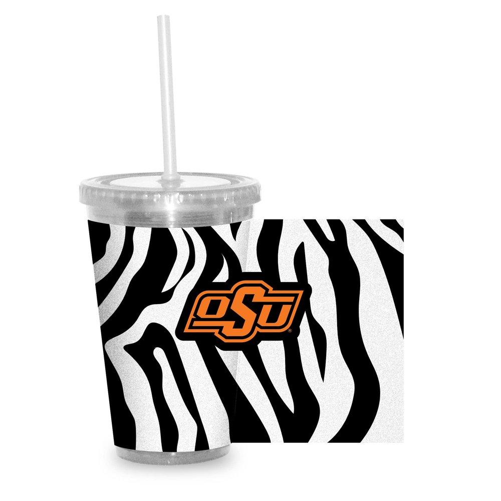 Rico Industries NCAA Oklahoma State Cowboys Glitter 16oz Clear Tumbler W/Straw