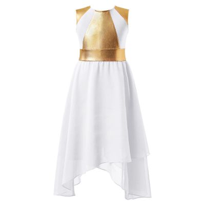 Agoky Girls Metallic Praise Dance Dress Long Sleeve Liturgical Worship Full Length Church Robe Lyrical Dancewear Costume White B 14 Years