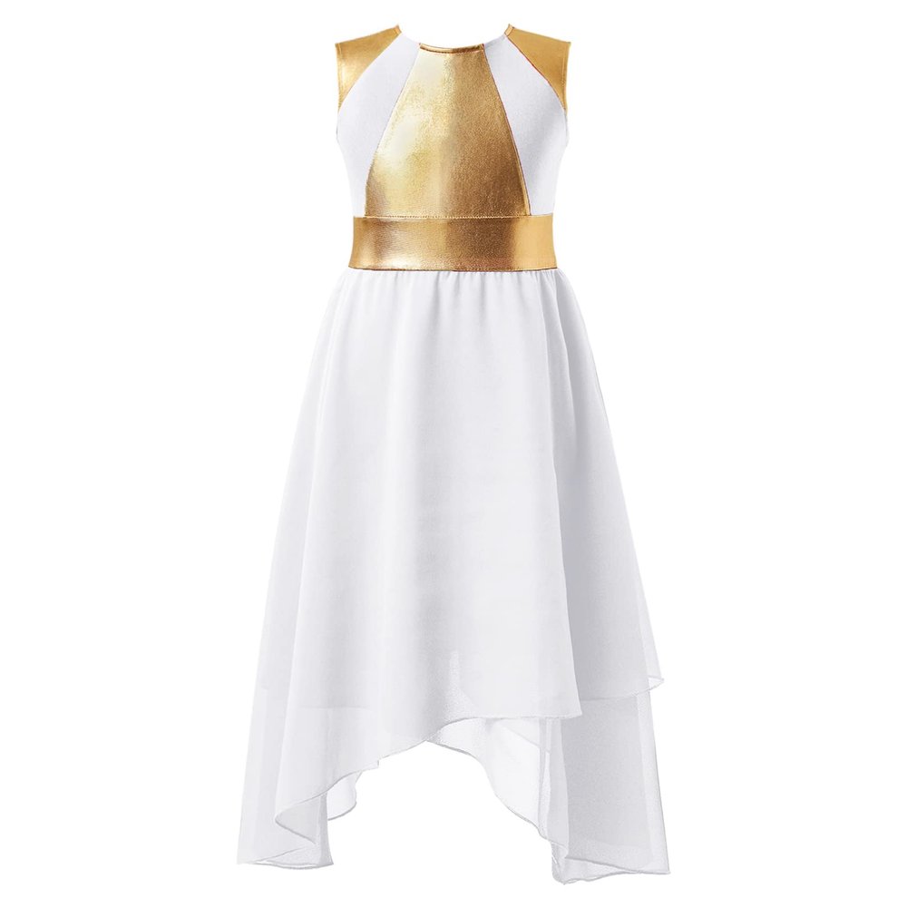 Agoky Girls Metallic Praise Dance Dress Long Sleeve Liturgical Worship Full Length Church Robe Lyrical Dancewear Costume White B 14 Years