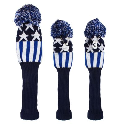 Andux 3Pcs/Set Knit Pom Pom Golf 460cc Driver Fairway Wood Club Head Covers Blue Stripe MT/MG77