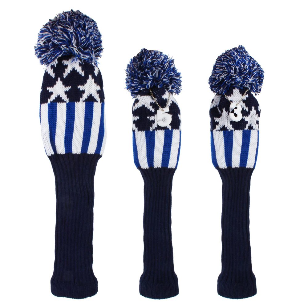 Andux 3Pcs/Set Knit Pom Pom Golf 460cc Driver Fairway Wood Club Head Covers Blue Stripe MT/MG77