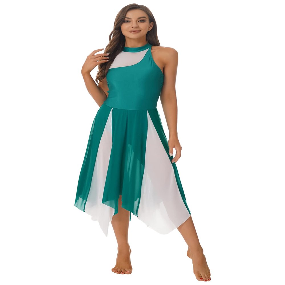 ACSUSS Women Lyrical Dance Costume Leotard Dress Sequins V-Neck Backless Split Tulle Skirt Flowy Overlay Dress F0553GN Small