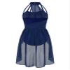 ACSUSS Women Lyrical Dance Costumes Turtle Neck Color Block Tulle Skirt Dress Morden Contemporary Dancewear Navy_Blue Large view 2